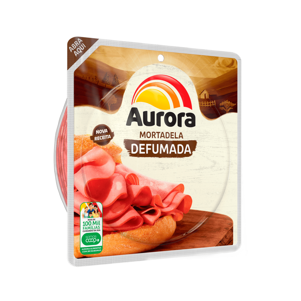 Mortadela Defumada Fatiada Aurora 200g Aurora, a gente faz com gosto tudo que você gosta.