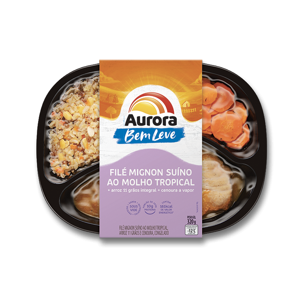 Prato Pronto Aurora Bem Leve Filé Mignon Suíno ao Molho Tropical, Arroz 11 Grãos e Cenoura